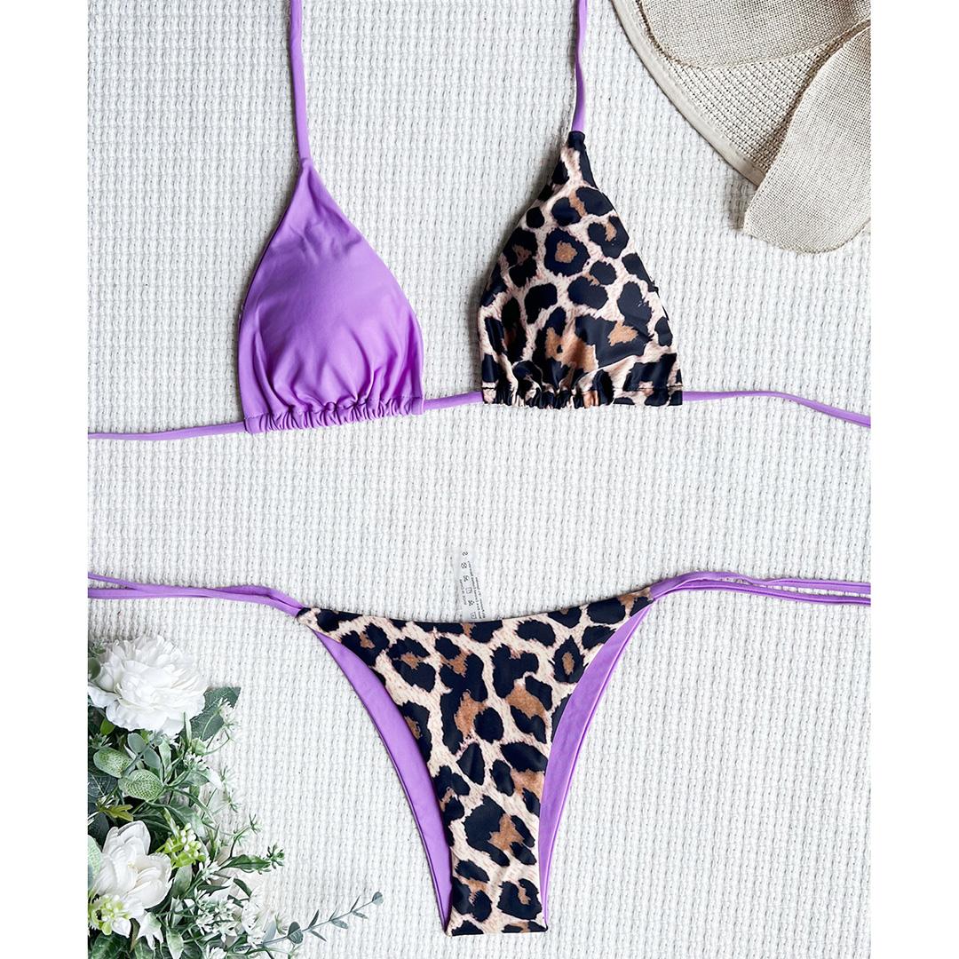 10 farben Spleißen Halter Leopard Bikini Weiblichen Badeanzug Frauen Bademode Zwei-stück Bikini set Badende Badeanzug Schwimmen Dame M violett/Leo-Print