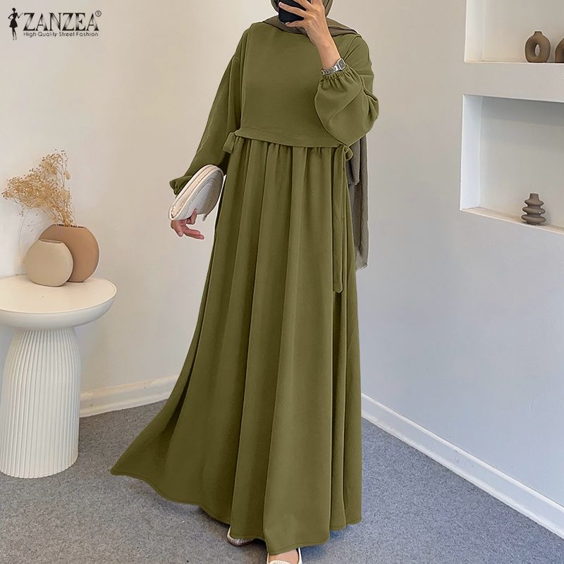 ZANZEA Muslimische Damen Lässig Rundhals Langarm Locker Langes Kleid 5XL grün
