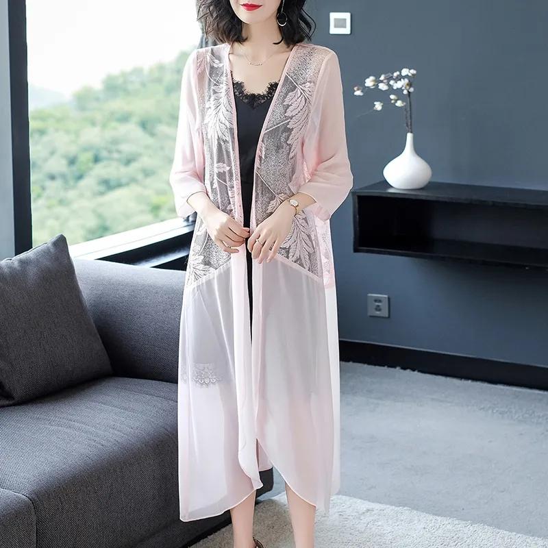 Sonnenschutz Damen Sommer Damen Spitze Bestickt Mittellange Chiffon Bluse Damen Dünner Mantel Strickjacke XXL rosa