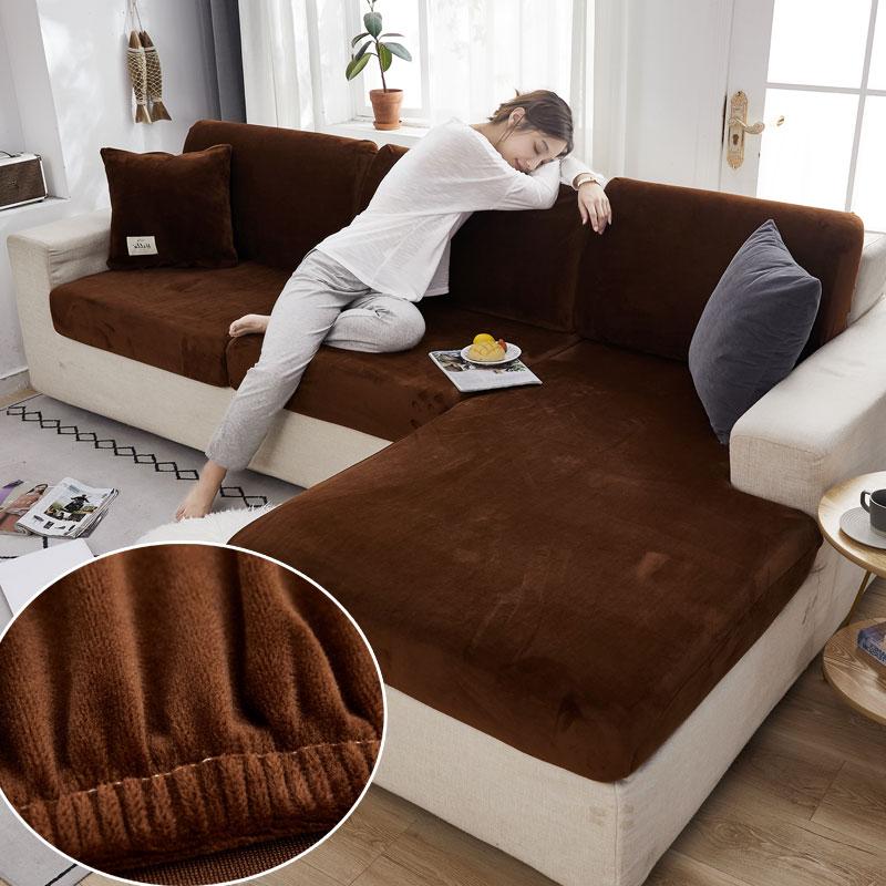 Samt-Sofa-Sitzbezug, dicker Jacquard, solide, weiche Stretch-Sofa-Schonbezüge, Möbelschutz normal size-4 braun