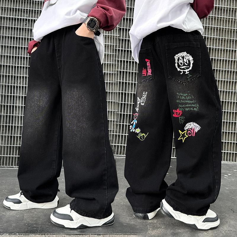 Jungen Schwarze Print Jeans Frühling/Herbst Kinder Weite Hosen Gewaschener Denim Gerade Hosen Teenager Kinder Hosen 120 schwarz