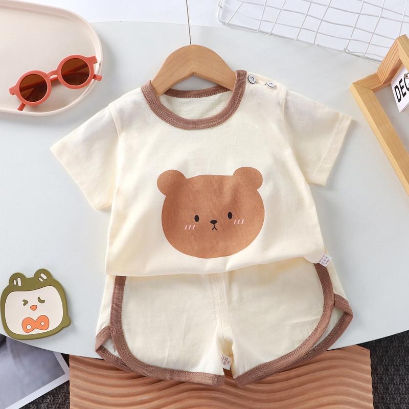 2 Teile/satz Sommer Baby Set Baumwolle Cartoon Casual Kinder Anzug Baby Kleidung Mädchen Jungen T-shirt + Shorts Kinder Kleidung 90 beige