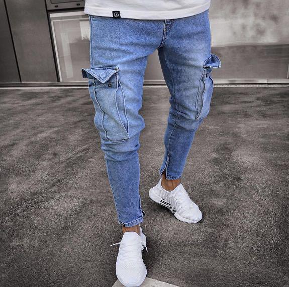 Frühling und Herbst Herrenmode Lässig Dünn Slim Elastizität Denim Taschenhose XS blau