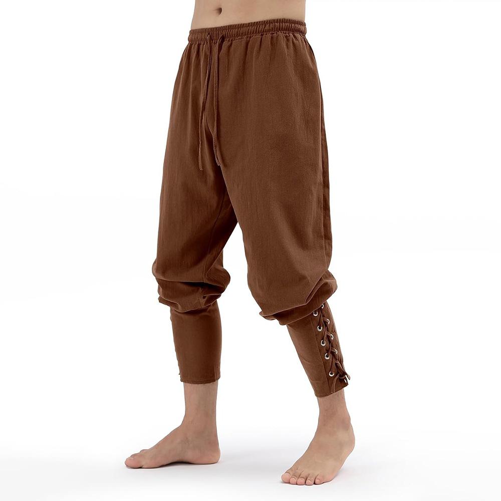 Herren Vintage Hose Mittelalter Wikinger Piraten Customets Schnürhose aus Baumwolle und Leinen Halloween Cosplay Outfits M braun