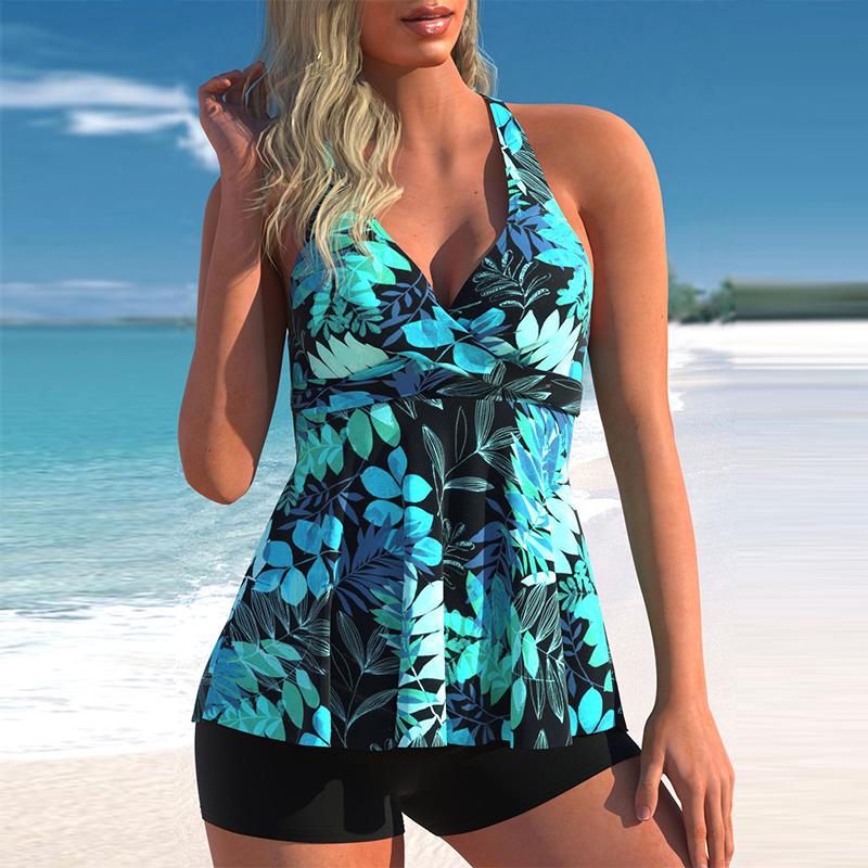 Plus Size Damen Blumen-Tankini, Bauchweg-Bademode, Tank-Top, Retro-bedruckter Badeanzug, zweiteiliger Badeanzug 4XL see-blaue