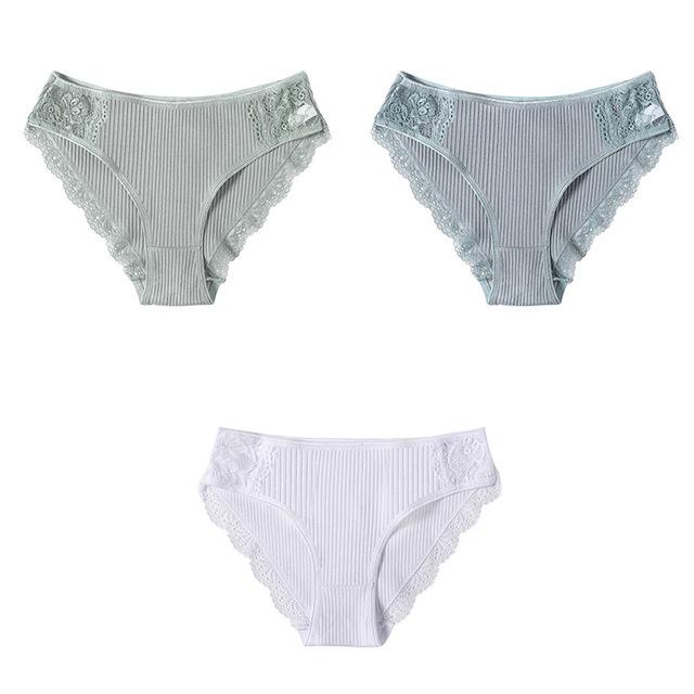 M-XXL 3-teiliges Damen-Baumwollhöschen-Set mit floraler Spitze, Slips, Unterwäsche, bequemes Höschen für Damen, sexy Low-Rise-Dessous XL