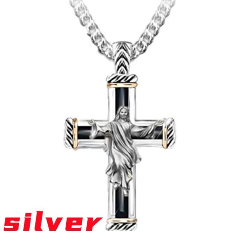 Hallo exquisite Mode zweifarbige Halskette Jesus Kreuz Anhänger Herren Retro Halskette silber