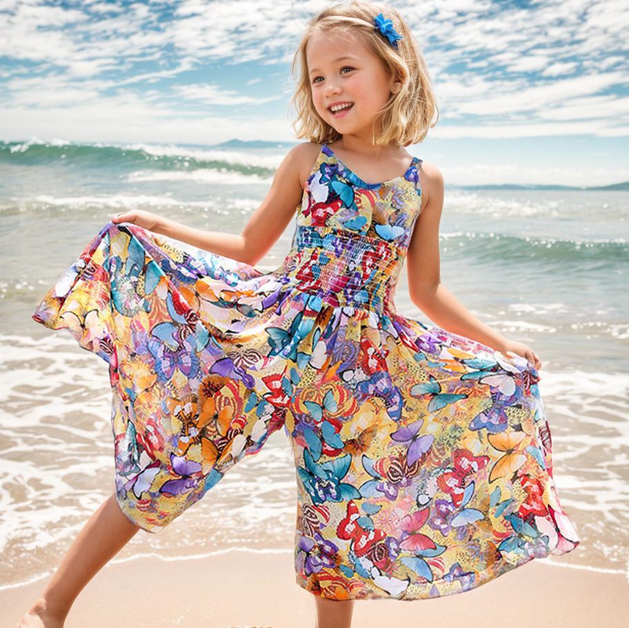 Frühling Sommer Mädchen Blume Bohemian Overall Kinder Mädchen Strand Kleider Chiffon Floral Teenager Mädchen Kleidung 170cm bunt