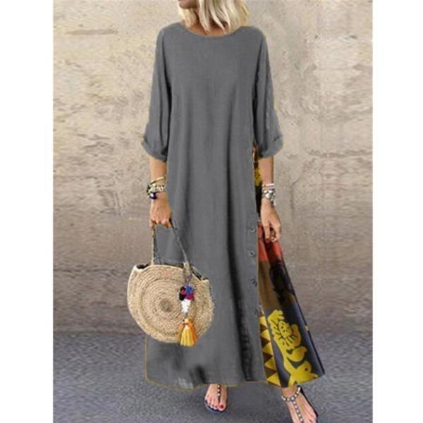 Damenmode Casual Loose Big Swing Halbarm Langes Kleid Floral Holiday Maxikleid Plus Size Vestidos Longos Robe M grau