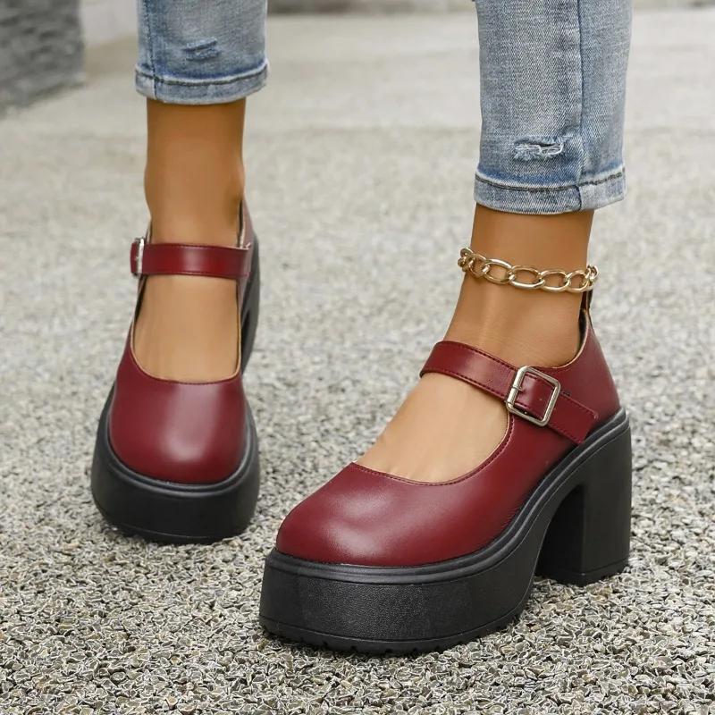 Mode 2025 Neue Mary Janes Damen High Heels Klobige Absätze Runde Zehen Übergröße Mode Kleiderpumps Damen Plateau Schnallenriemen Schuhe 35 rot