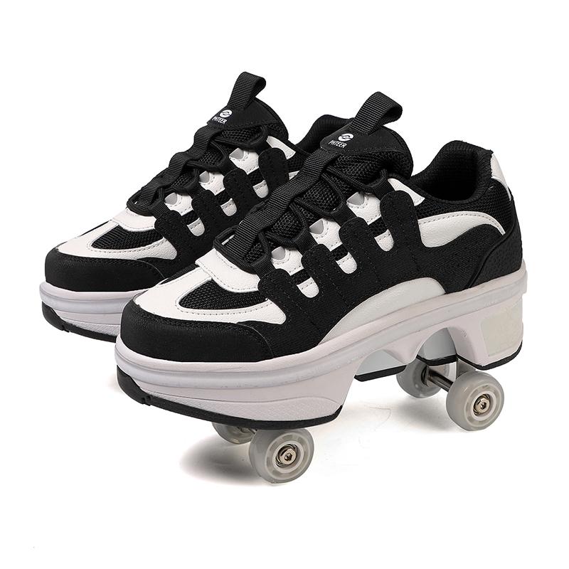 Rollen-Sneaker mit Doppelrädern, für Jungen und Mädchen, Rollschuhe, Rollschuhe, Verformungsschuhe, Rollschuhschuhe 43 schwarz/weiß