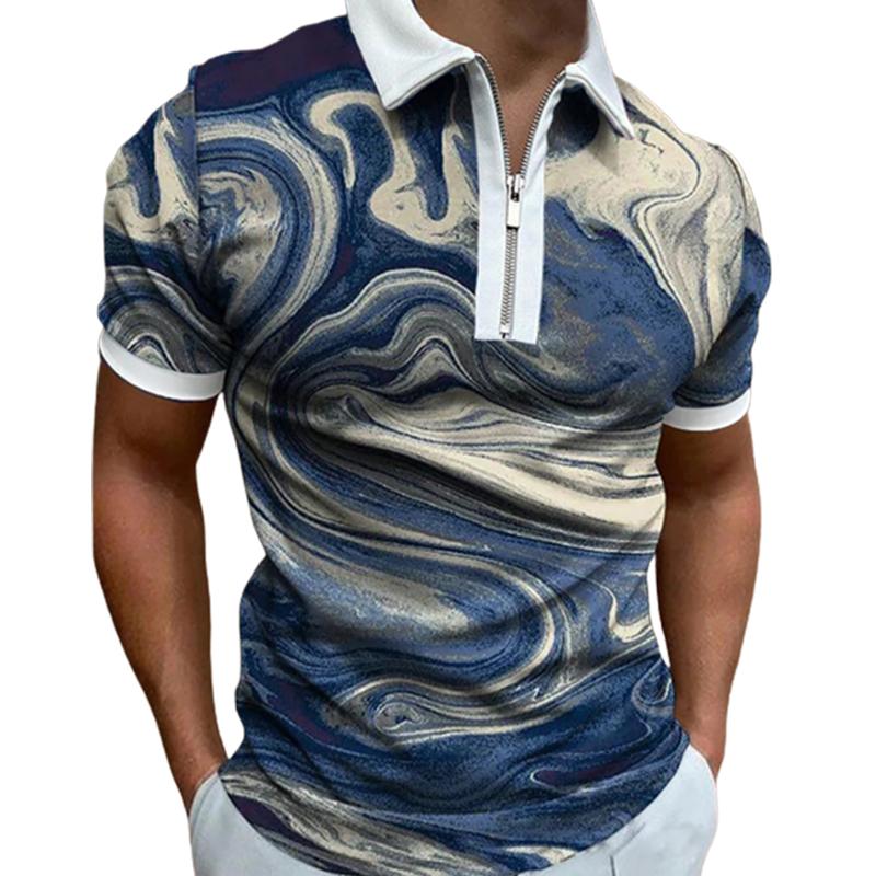 Lässiges Revers-T-Shirt, junges Herrenmode-Reißverschluss-T-Shirt, kurzärmliges T-Shirt, Herren-T-Shirt mit 3D-Blue-See-Wasser-Aufdruck 4XL navy blau