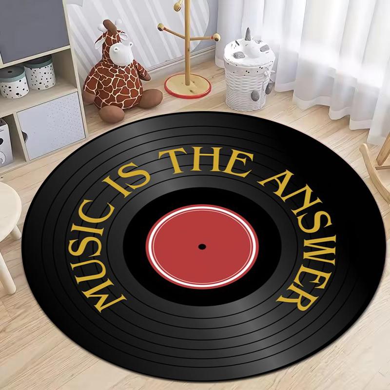 Retro Schallplatte Runder Teppich Beliebte Musikplatte CD Muster Kreis Teppich für Wohnzimmer Schlafzimmer Dekor Teppich Stuhl Fußmatte 60cm