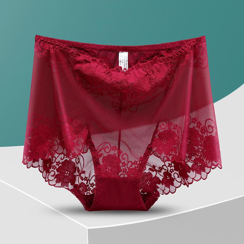 Plus Größe Spitze Höschen Hohe Taille Frauen Hosen Sexy Hohl Blumen Dessous Weibliche Mesh Atmungsaktive Briefs Dessous 4XL wein rot