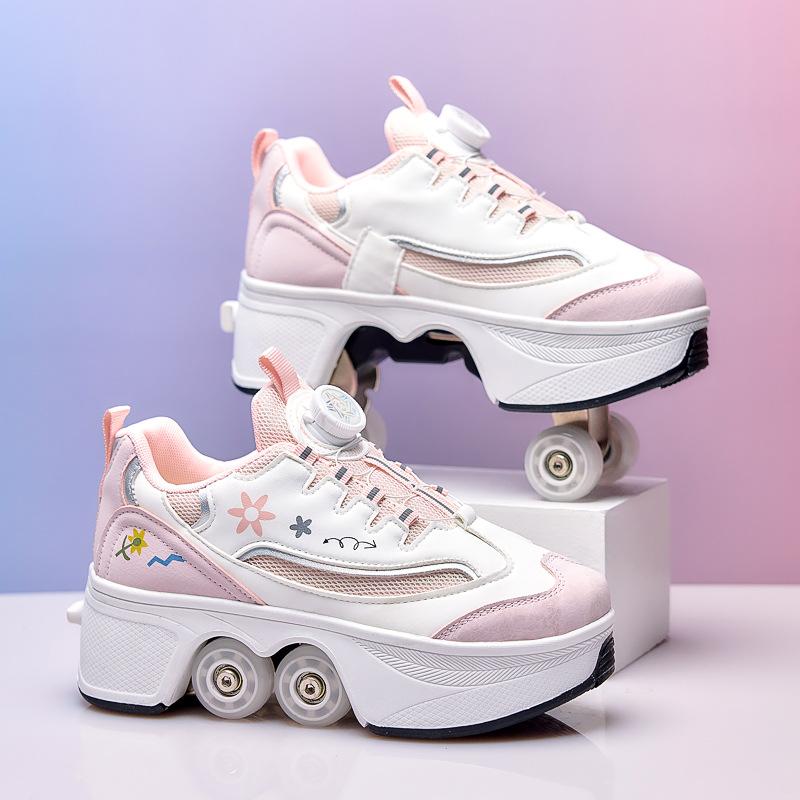 Kinderschlittschuhe Mädchen Gehen und Rollschuhschuhe Jungen Rollschuhe Eislaufschuhe für Grundschüler Vierrad-Skates 38 rosa