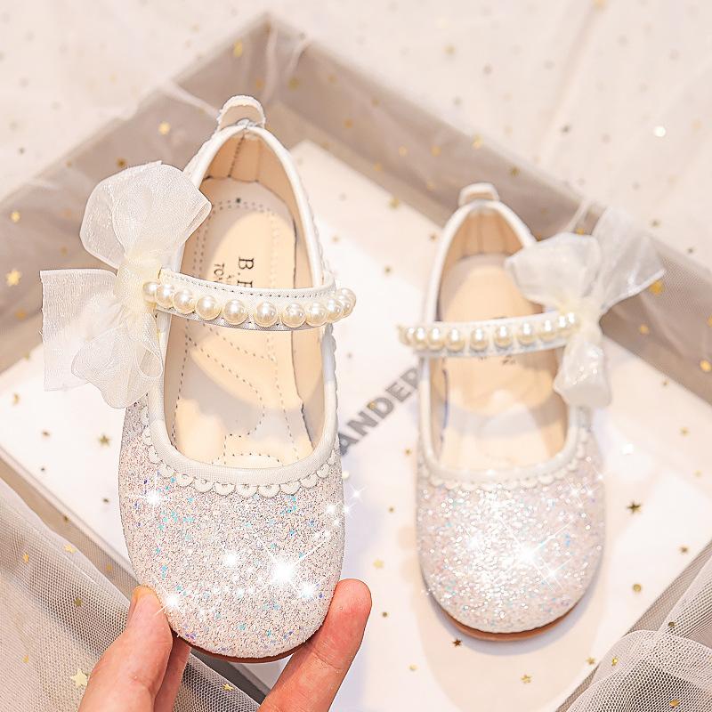 Mode Mädchen Mary Janes für Party Hochzeit Shows Schleife Perlen Elegant Prinzessin Schuhe Chic Kinder Schuhe Rutschfest Kinder Mode 35 weiß