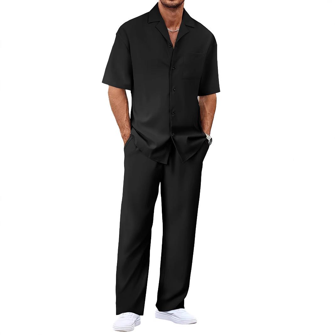 (Hemd+Hose) Sommer Herrenmode Klassisches Hemd Herren Business Casual Shirts Herren Ein Satz Kleidung M schwarz