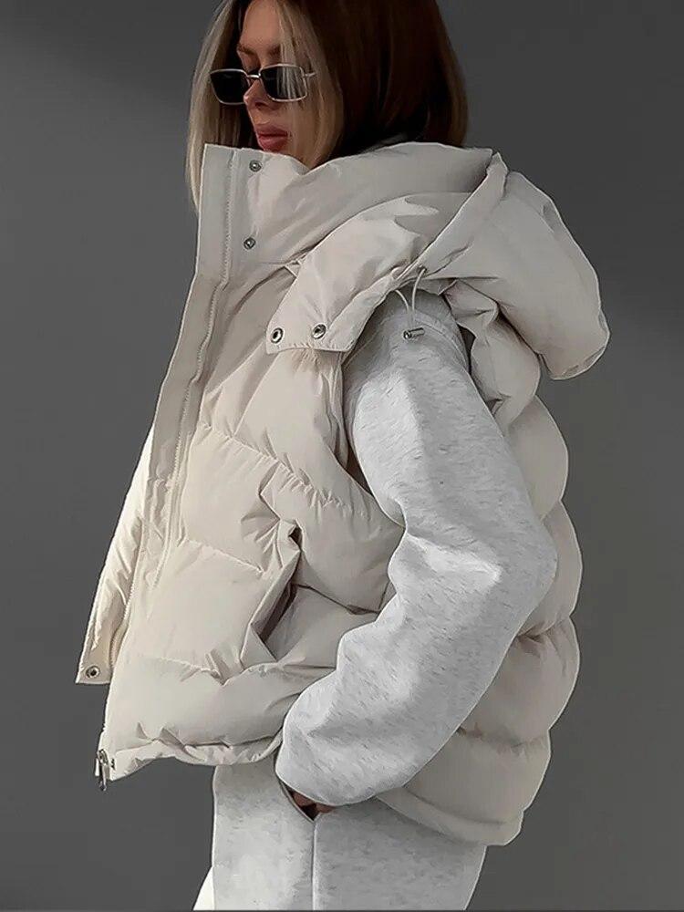 Winter Verdicken Weste Weste Frauen Winter Baumwolle Warme Parka Straße Zipper Weibliche Mit Kapuze Top Große Tasche Ärmellose Lose Mantel M beige