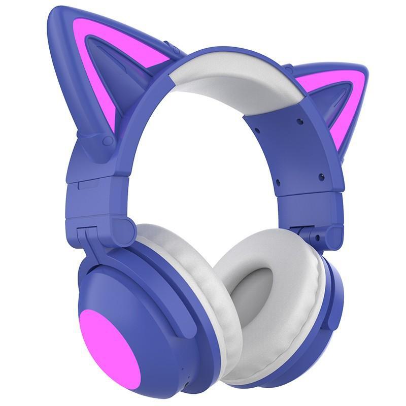 Faltbarer, am Kopf montierter Katzenohr-LED-Gaming-Headset mit starkem Bass, Bluetooth 5.0-Kopfhörer, echter kabelloser Kopfhörer mit Mikrofon violett