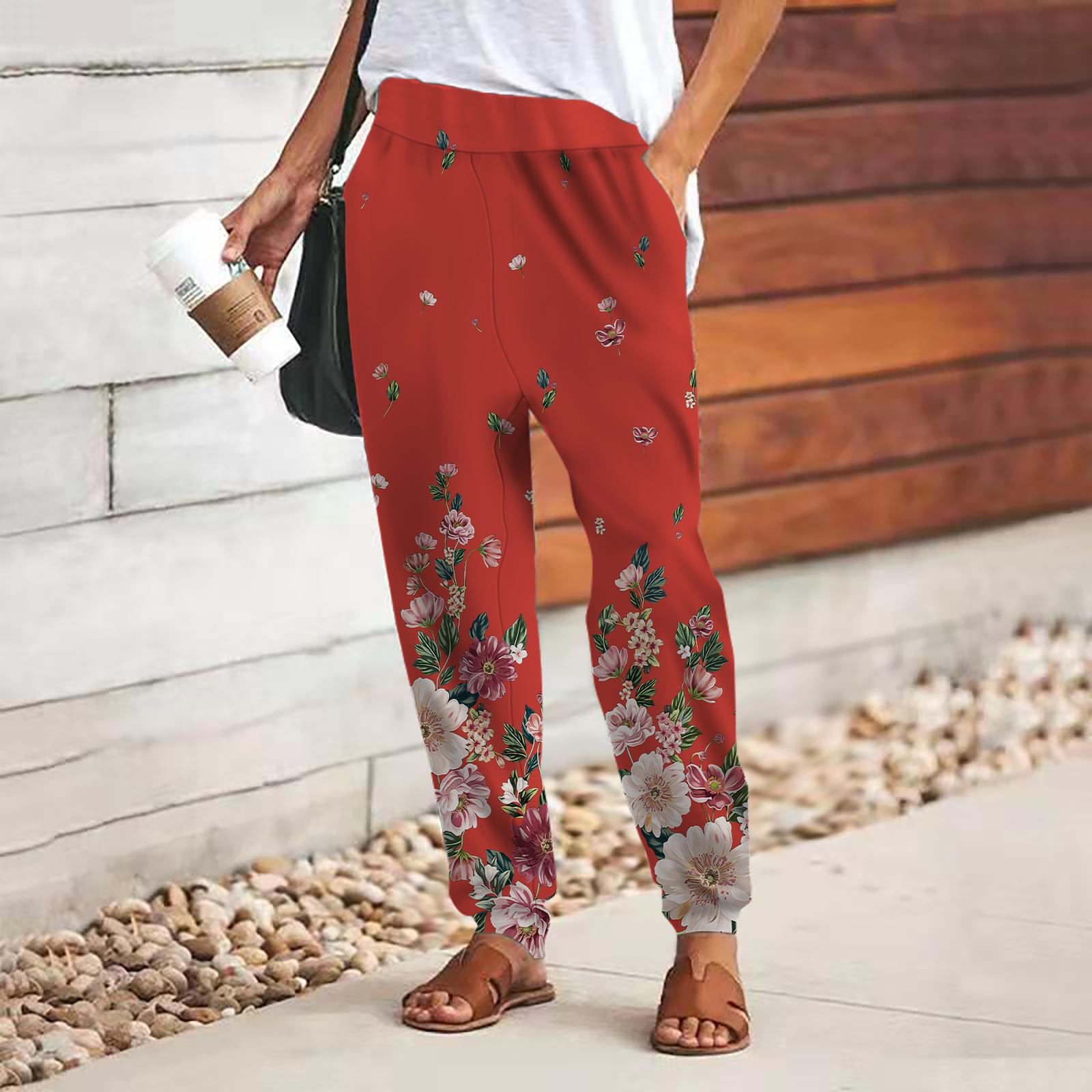 Damenhose mit 3D-Blumen-Print, zum Schnüren, elastischer Bund, lockere Hose, lässige lange Hose, Hose mit Taschen 6XL rot