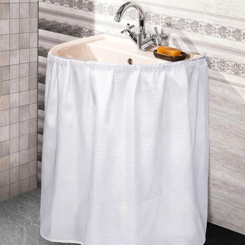 Waschbarer Badezimmer-Waschtischrock Selbstklebende Badezimmer-Waschtischabdeckung Unterwaschtisch-Vorhang Waschküche weiß