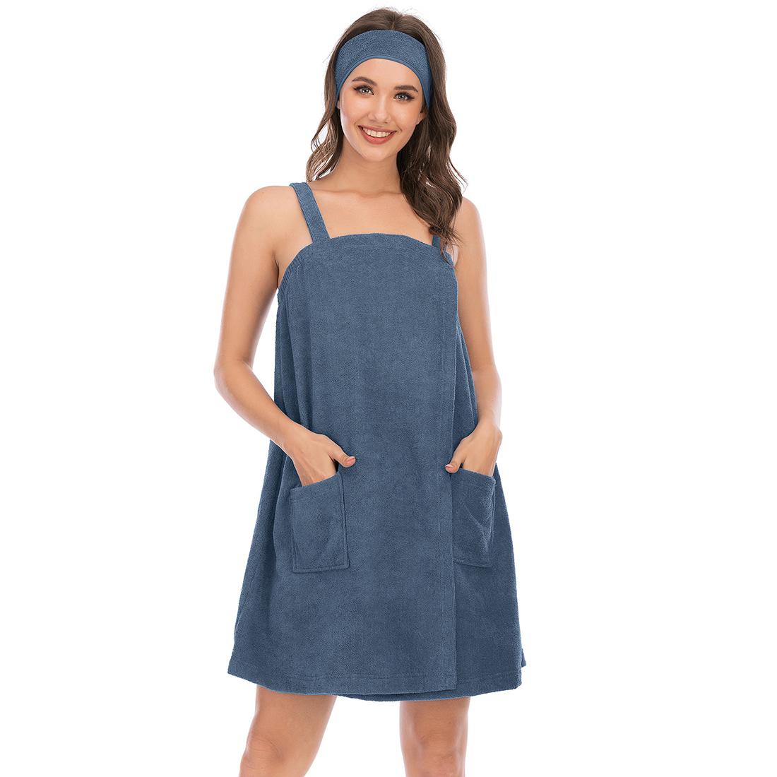 Bright Deer Damen-Bademantel aus Frottee, Spa, Badetuch, Bademantel mit Trägern, schnell trocknend, Frottee-Klettverschluss, elastischer Duschbademantel mit Stirnband, weich, für Fitnessstudio, Pool, Abdeckung L navy blau