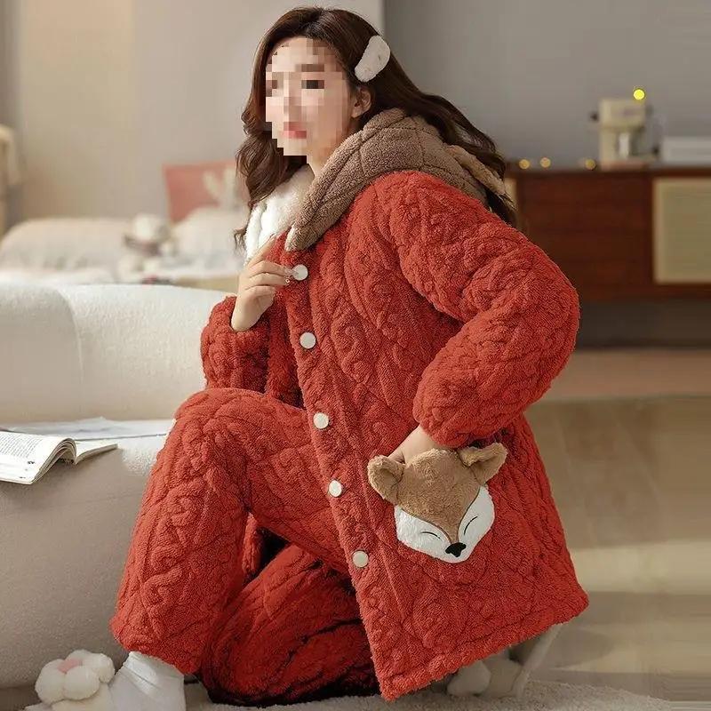 Damen Winter Verdickter Fleece Gefütterter Verdickter Korallensamt Pyjama Flanell Hausanzug Quadratischer Ausschnitt Pyjama Pyjama 2XL