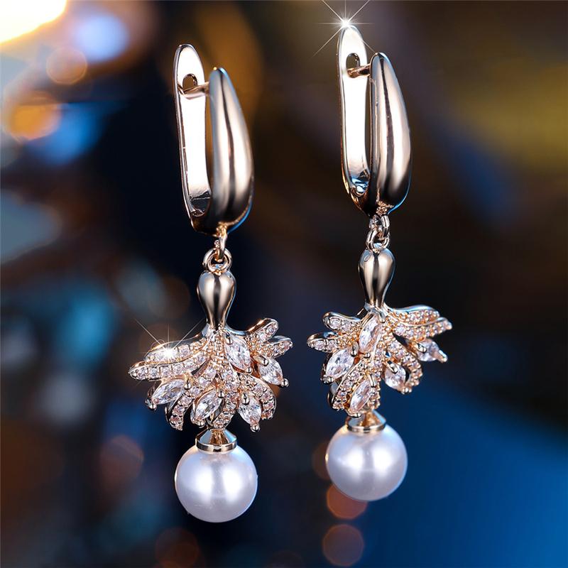 Vintage Imitation Perle Blatt Lange Tropfen Ohrringe für Frauen Weiß Zirkon Rose Gold Farbe Täglichen Tragen Schmuck Urlaub Geschenk gold