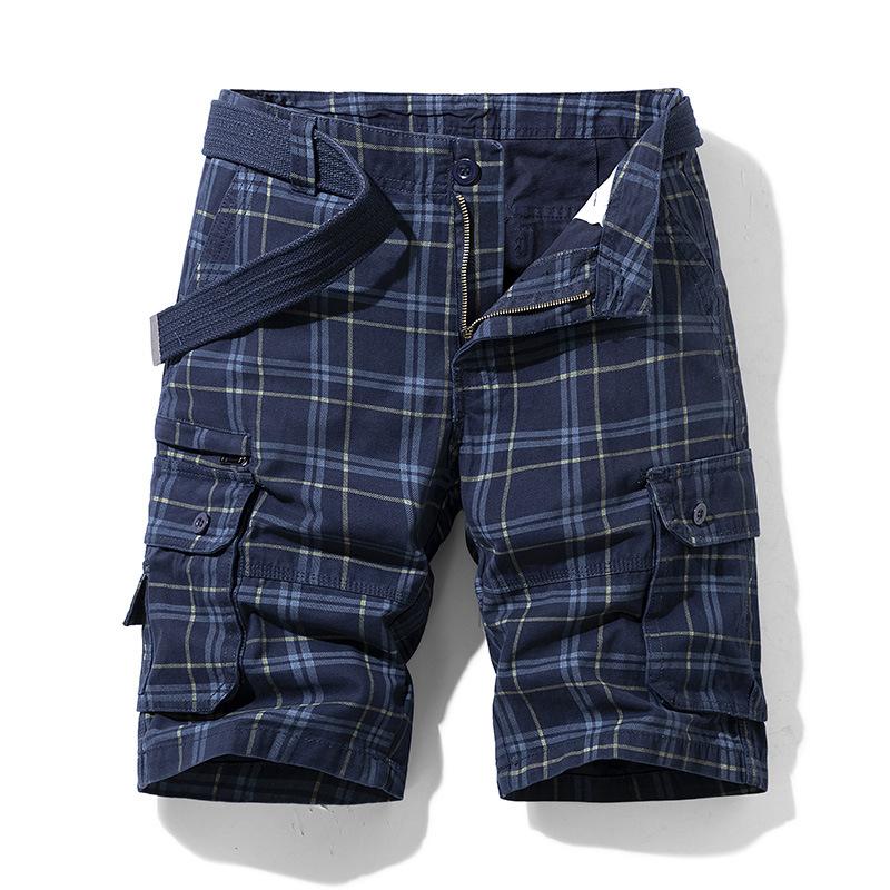 Sommer Baumwolle Herren Shorts Casual Sport Arbeitskleidung Fünf-Punkt-Hose Plaid Slim Multi-Pocket-Hose 4XL blau