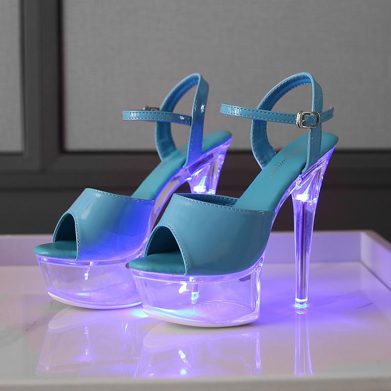 High Heel 15CM Nachtclub High Heels Sandalen Damenschuhe Leuchtende Laufsteg Pole Dance Schuhe Wasser LFD-190-A53 37 blau