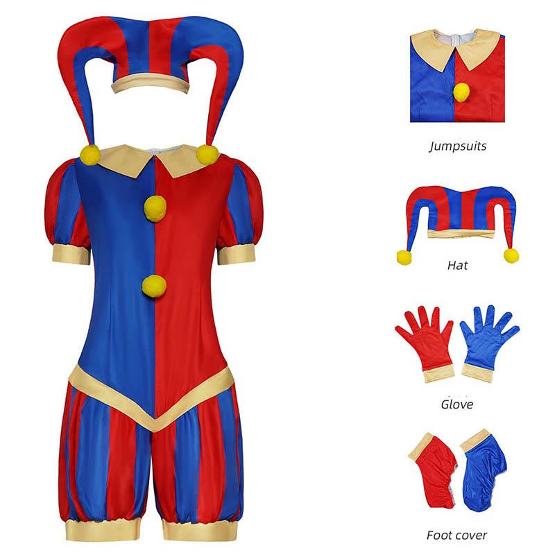 Zirkus Pomni Cosplay Kostüm mit Hut Handschuhen Halloween Kostüme Karneval Outfits(Größe 140cm-Erwachsene 3xl) XS(Kids150)