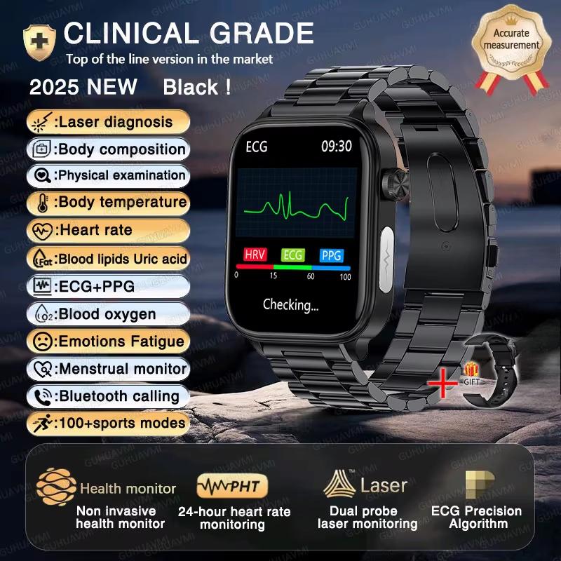 2025 Neue EKG+PPG KI Gesundheitsdiagnose Smartwatch Herren Damen Uhr Blutfett BD Harnsäure Herzfrequenz Tracker Black-Steel
