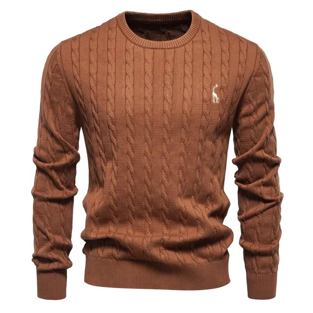 AIOPESON Herren-Pullover mit Giraffenstickerei, Baumwollpullover, Rundhalsausschnitt, klassischer Twist-Muster-Pullover, Strickpullover für Männer XL 85-95 kg hellbraune
