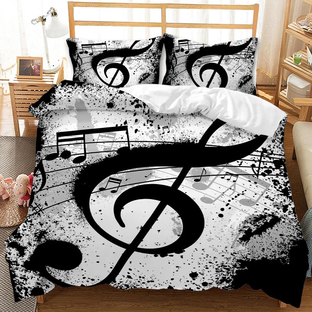 Musik Bettbezug Musik mit G-Schlüssel Schwarz Instrument Einzelbettwäsche-Set Monochrom Kreativ Rhythmisch Verschnörkelt Polyester Steppdecke Bezug 135x200cm 2pcs