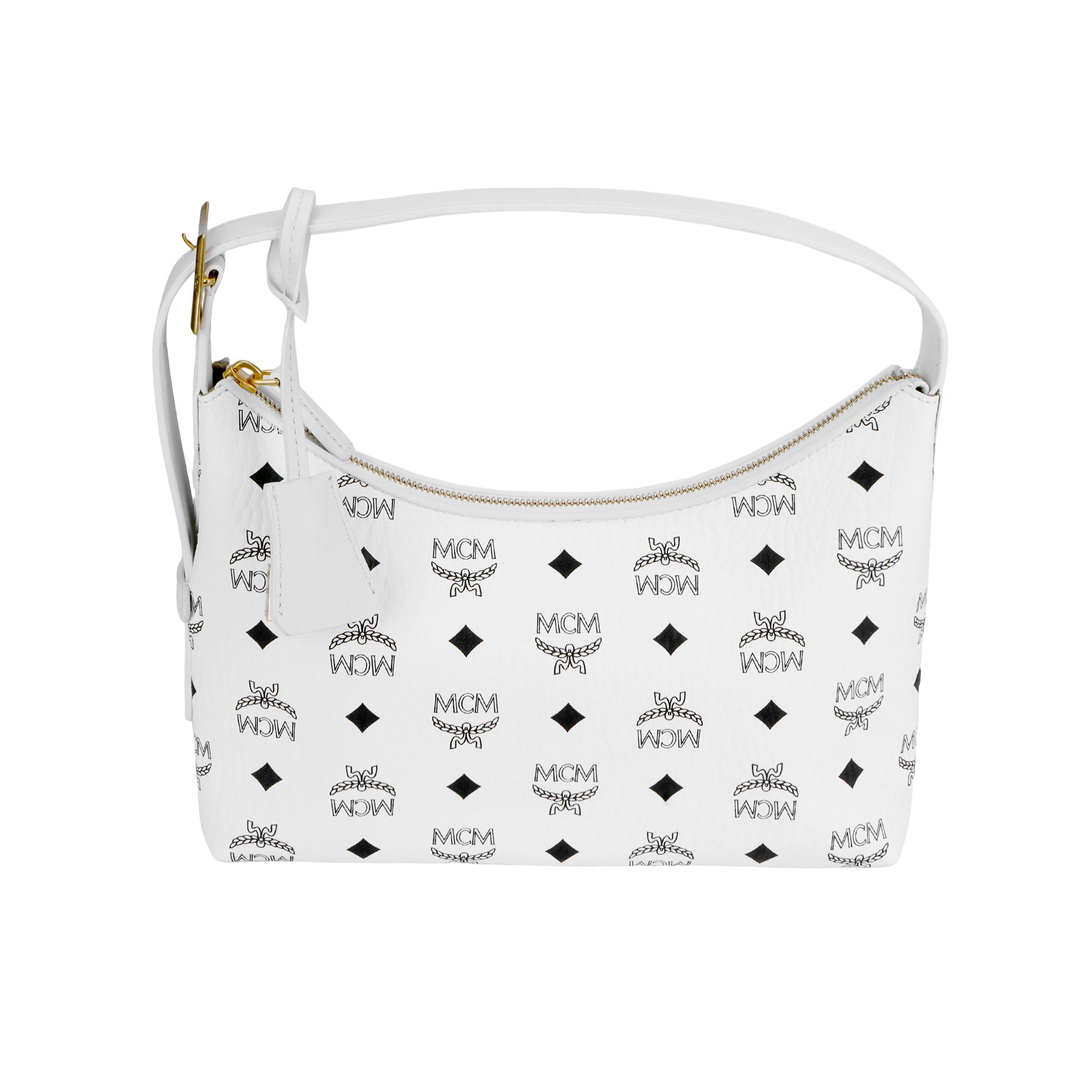 MCM Aren Visetos Monogramm Print Goldener Schloss Anhänger Trendige Hobo Schultertasche Leinwand und Leder Tragetasche Kleine Damen Handtaschen Weiß MWHESTA01WT001 Basic Set (Bag+Dust Bag) white