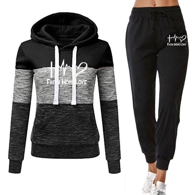 Frauen Mode Trainingsanzug Druck Hoodies Hosen 2 Stück Set Sportwear Winter Frauen Sport Anzug Kapuzen Sweatshirt Set Lose Sport mode Set L schwarz