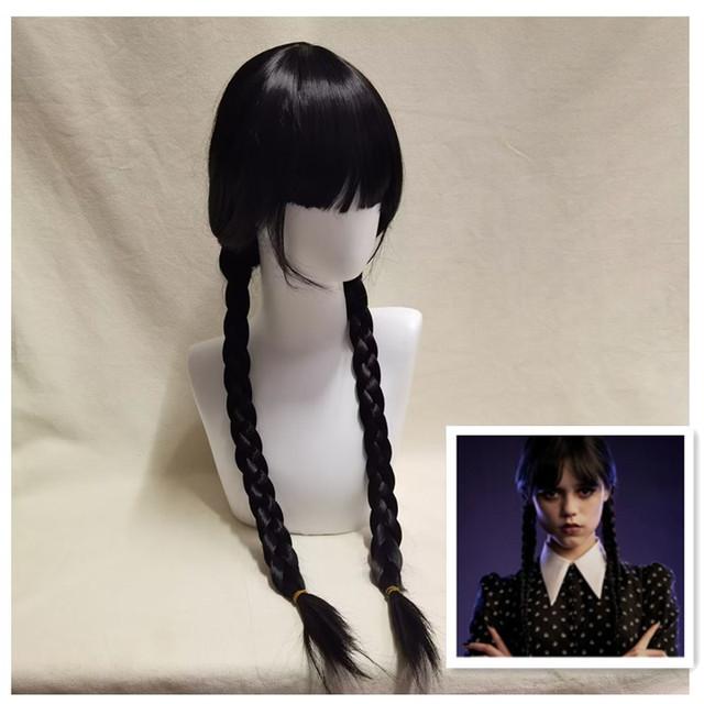 Wednesday Addams Cosplay-Perücke für Mädchen, schwarz, lange geflochtene Perücke, Wednesday Cosplay, synthetische Haare, Halloween-Perücken für Frauen