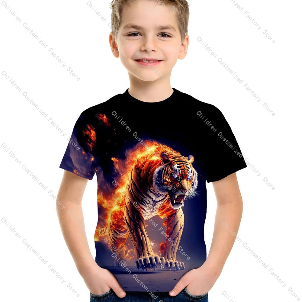 Tiger 3D-gedruckte Kinderkleidung Lässig Tier Kinder T-Shirt O-Ausschnitt Jungen T-Shirts Sommer Kurzarm 2 bis 8 Jahre Kinder Oberteile 140