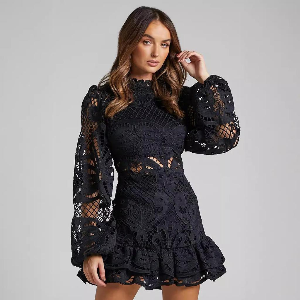 Europäisches & Amerikanisches Stehkragen Laternenärmel A-Linien Abendkleid mit Rüschendetail und wasserlöslicher Spitze M schwarz