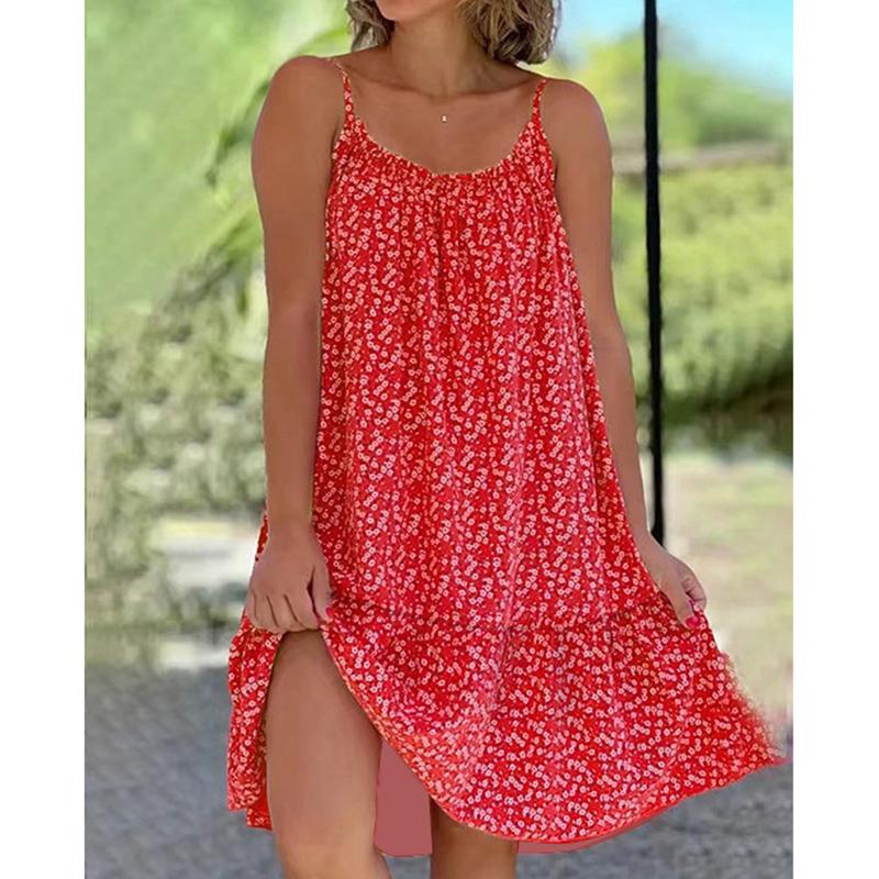Frauen Mode Schlinge Kleid Sommer Casual Ärmellose Übergroßen Blumen Druck Party Lose Kleider Weibliche 5XL rot