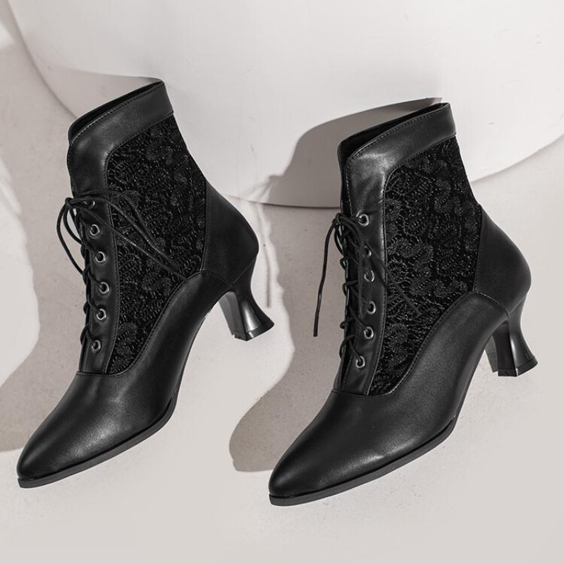 Viktorianische Stiefeletten für Damen, Leder, Spitze, Absatz, Schuhe für Damen, modisch, mit Schnürung, gespleißt, Damen-High-Heels, Damenstiefel, Knöchelgröße 46 35