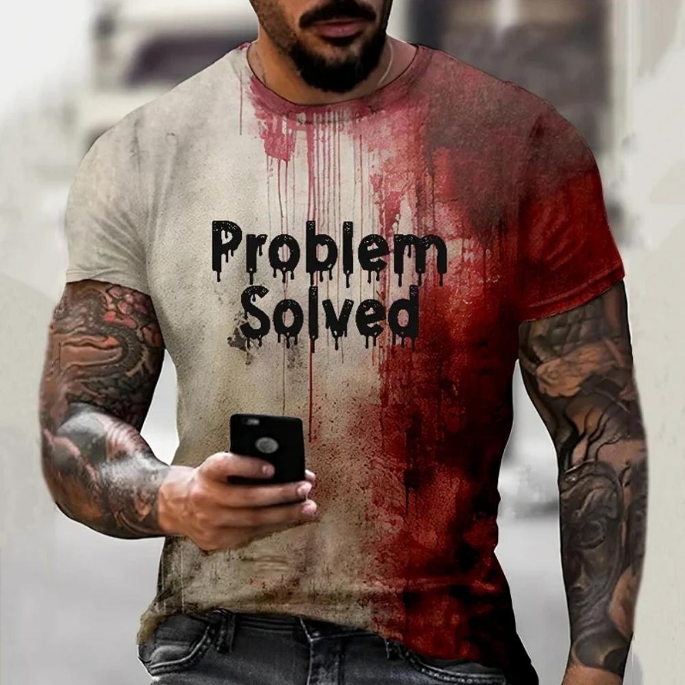 Herren T-Shirts Problem Gelöst Blutiger Print T-Shirts Mode Schrecklich Halloween Kurzarm Lässig Rundhals Übergroßes T-Shirt Tops M