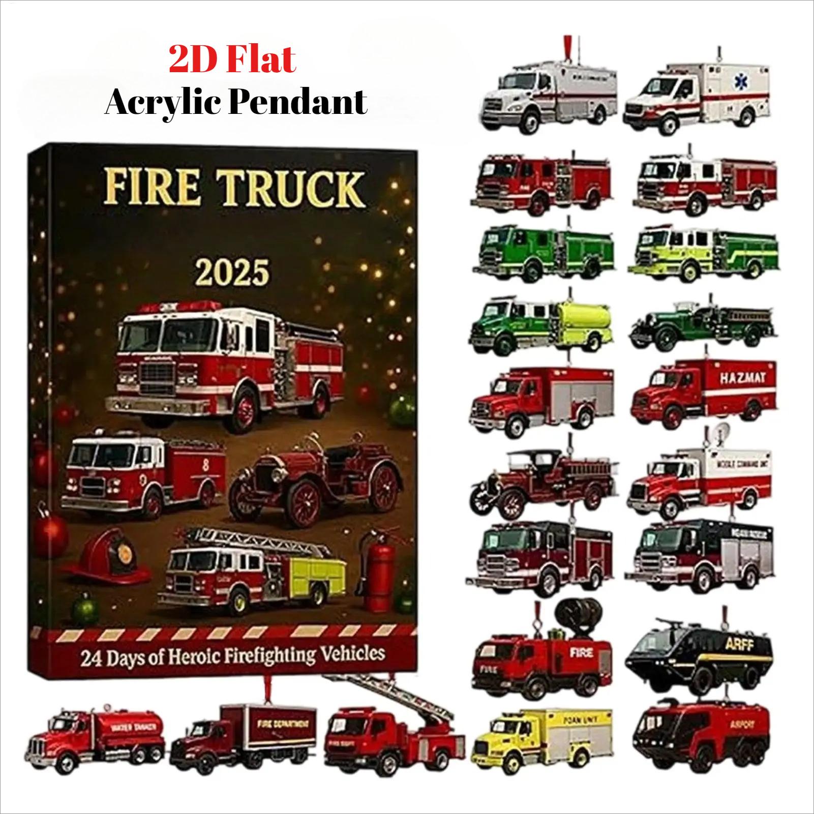 Feuerwehrauto Adventskalender 2025, 24 Tage Weihnachts-Adventskalender-Boxen, 2D flache Feuerwehrautos, Drehleitern, Rettungseinheiten, Fahrzeug-Set Geschenk bunt