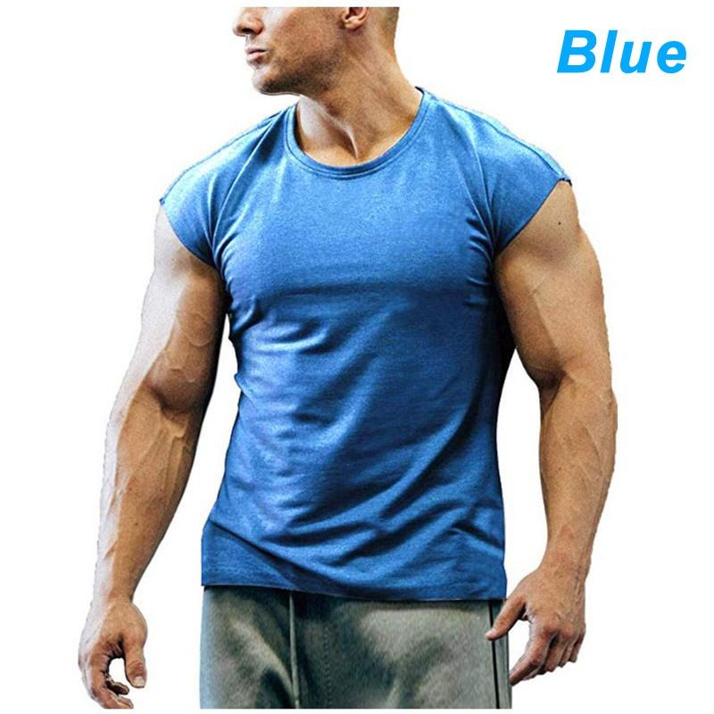Herren-T-Shirts, modisches Kurzarm-Fitness-Bodybuilding-Shirt für Männer, Workout, schmale Passform, Baumwoll-T-Shirts XXL blau