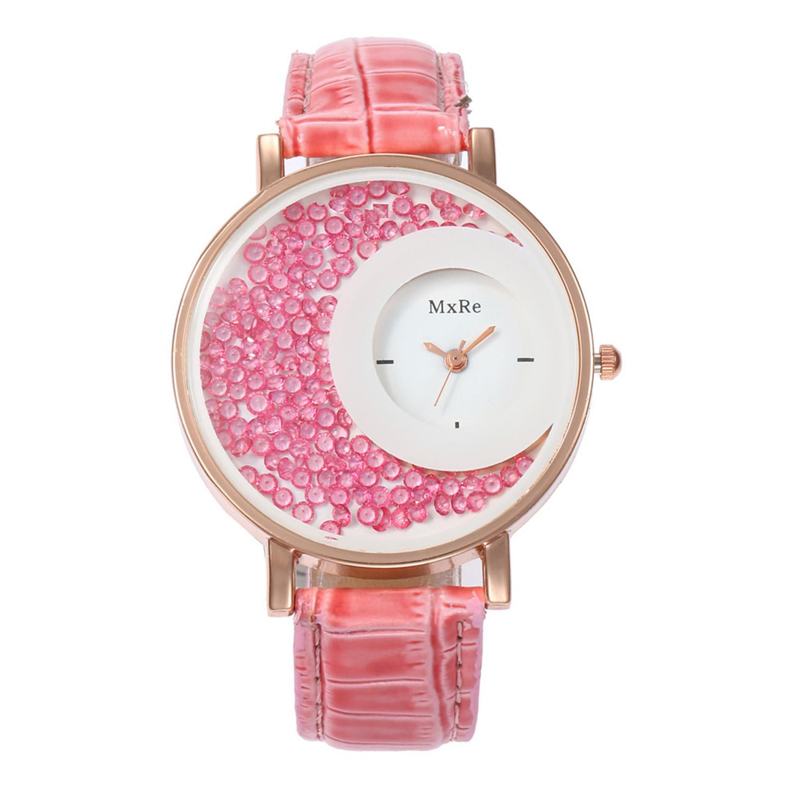 Lustige Uhr mit Quicksand-Strass-Design, rundem Zifferblatt, verstellbarem Kunstlederarmband, analogem Quarz, besondere Damenuhren rosa