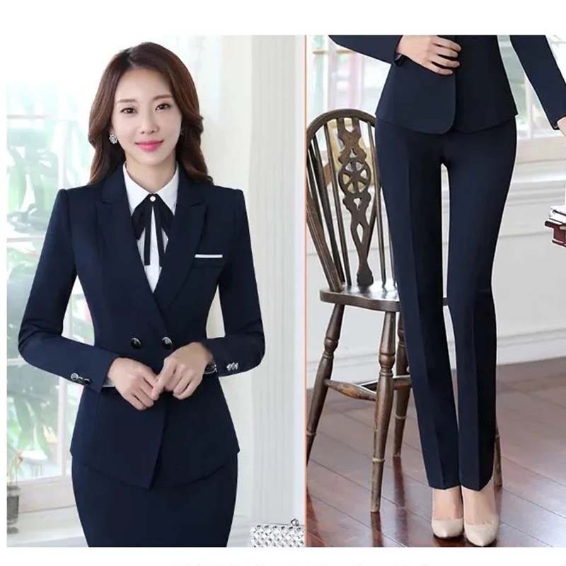 Dünne Blazer Anzüge Frauen Business Tragen Zwei-Stück Blazer + Anzug Hosen 2023 Neue Mode Temperament Arbeits Kleidung Werkzeug frühling und Herbst S dunkelblaue