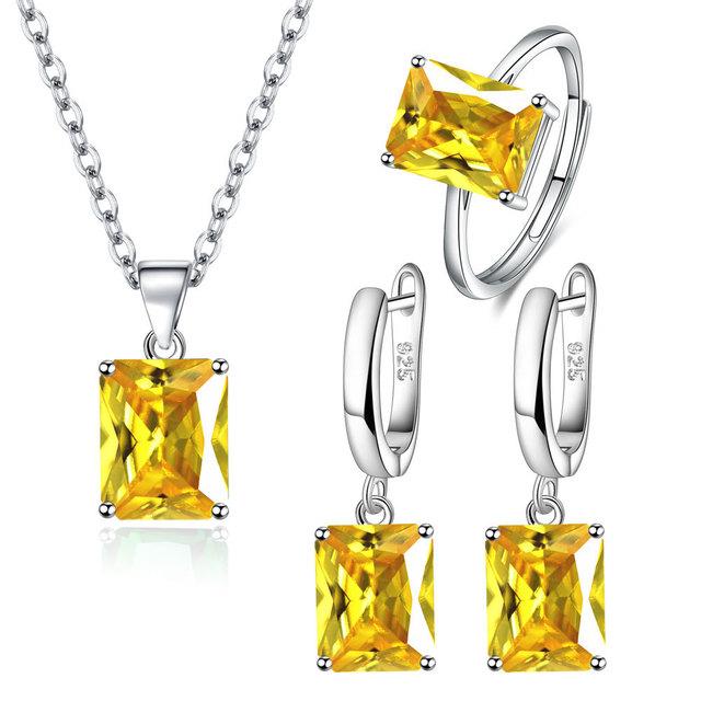 ANENJERY Quadratischen Zirkonia Anhänger Halskette Ohrringe Ring Schmuck Sets für Frauen Anniversary Party Schmuck Geschenk bijoux femme Resizable gelb