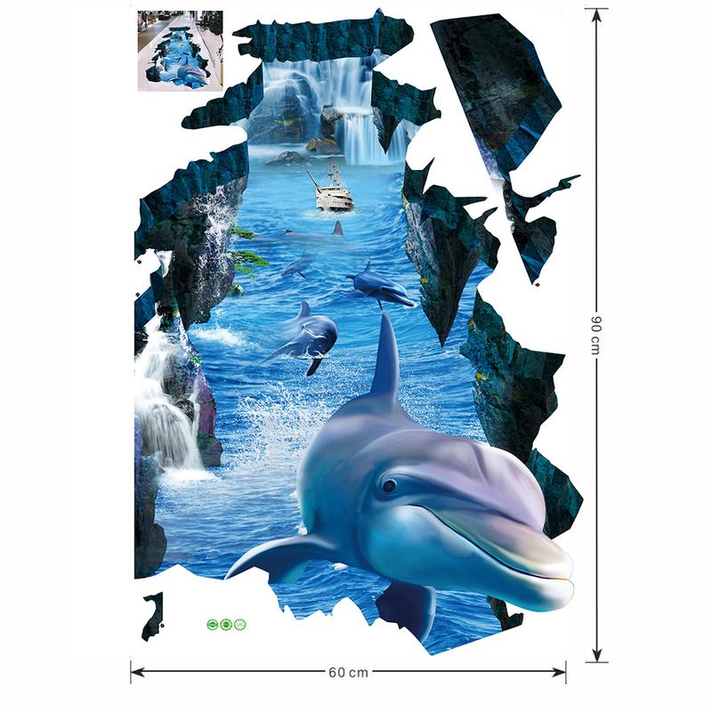 3D-Wandaufkleber, Motiv: Delfin, gebrochene Wand, visuell, wasserdicht, rutschfest, für Wohnzimmer, Schlafzimmer, Bodenaufkleber blau