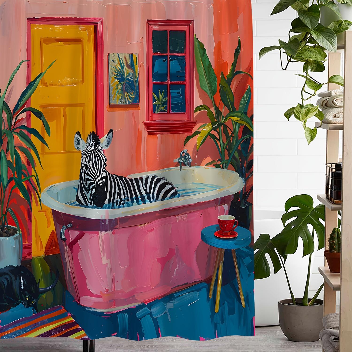 Bunte Zebra in Badewanne Duschvorhang - Lebhaftes und skurriles Design für ein hoch-elegantes Badezimmerambiente 90x180cm