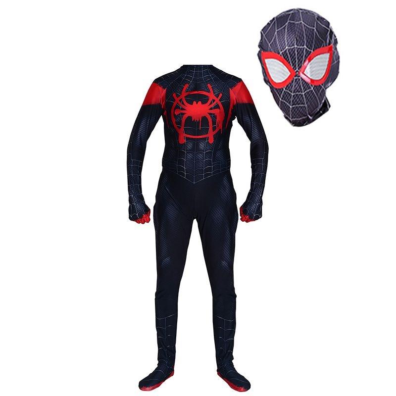 Into The Spiderman Spiderverse Kinder Erwachsenenkostüm Miles Morales Anzug Cosplay Net Yarn Eyes,140